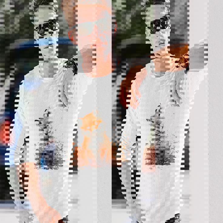 笑顔 水彩 キツネ 森林 動物 長袖Tシャツ 彼への贈り物