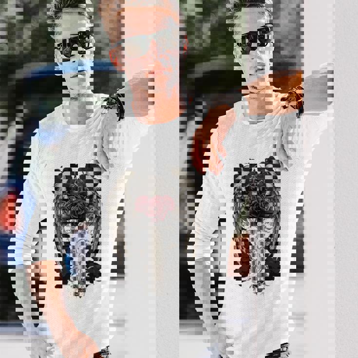 翼とバラのゴシック・クロス 長袖tシャツ 長袖Tシャツ 彼への贈り物