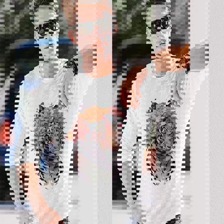 花柄 水彩 虎 花 王冠 虎好き 長袖Tシャツ 彼への贈り物