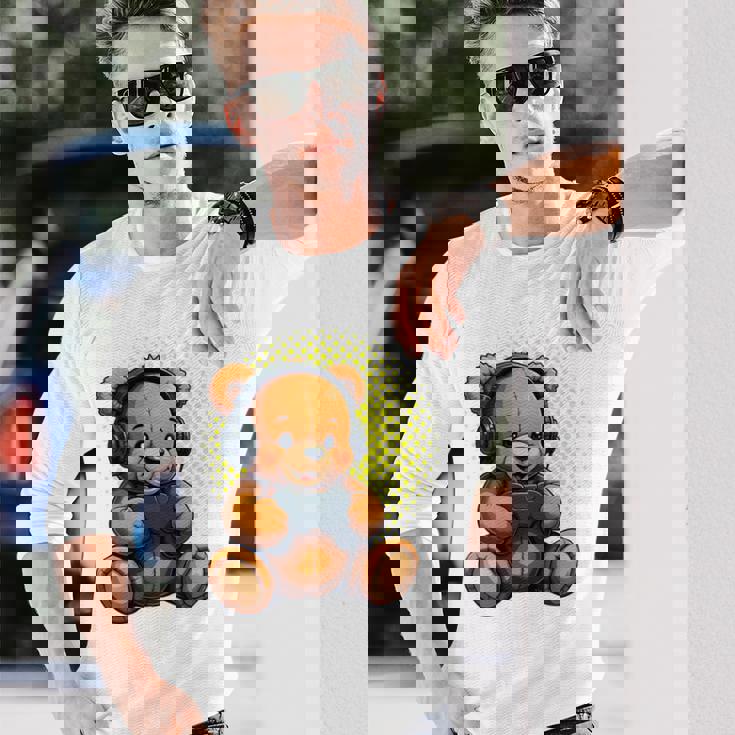 面白いゲームテディホールディングビデオゲームコントローラー。 長袖tシャツ 長袖Tシャツ 彼への贈り物