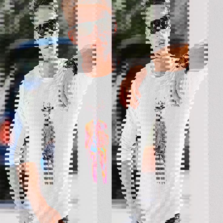 鹿 人間 アート カラフル 動物 絵画 グラフィック 鹿 長袖Tシャツ 彼への贈り物