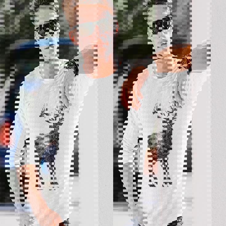 鹿 動物 プリント モチーフ 図面 イラスト ポートレート 鹿 長袖Tシャツ 彼への贈り物