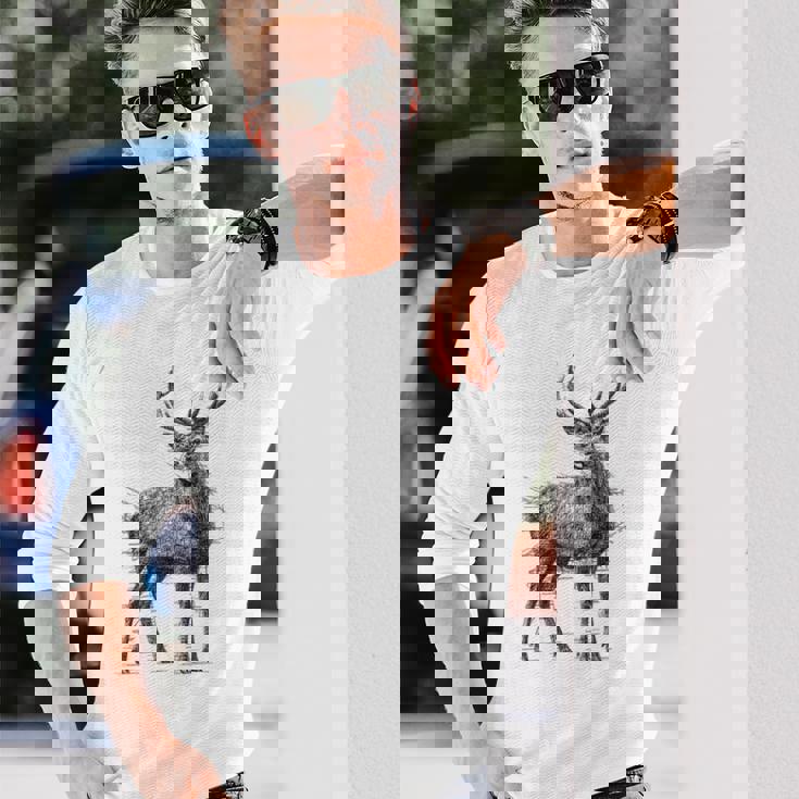 鹿 絵 グラフィック 動物 アート モチーフ 鹿 長袖Tシャツ 彼への贈り物