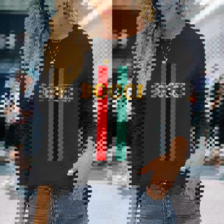 Bocci ぼっち《フェイクゴールド ロゴ》緑 赤 ライン【変なデザイン屋さん】陰キャ オタク ブランド パロディ 面白 長袖Tシャツ 彼女への贈り物