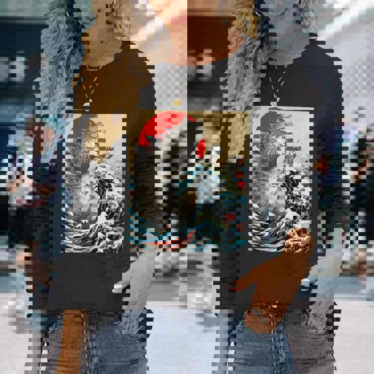 Catzilla 猫日本美術面白い猫 長袖Tシャツ 彼女への贈り物