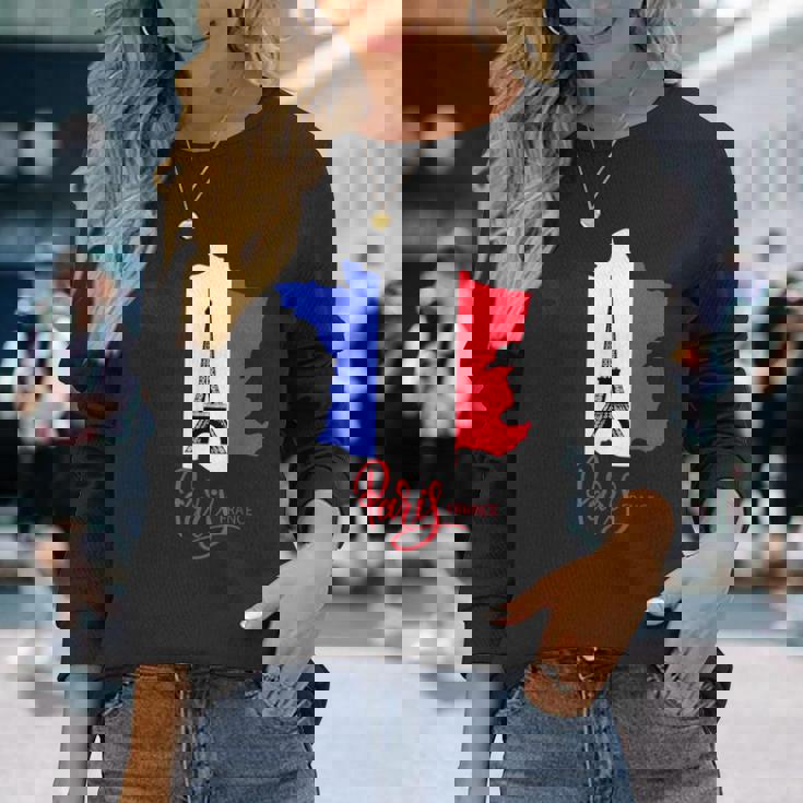 Enjoy Travel Paris France Flag & Eiffel Tower Graphic 長袖Tシャツ 彼女への贈り物