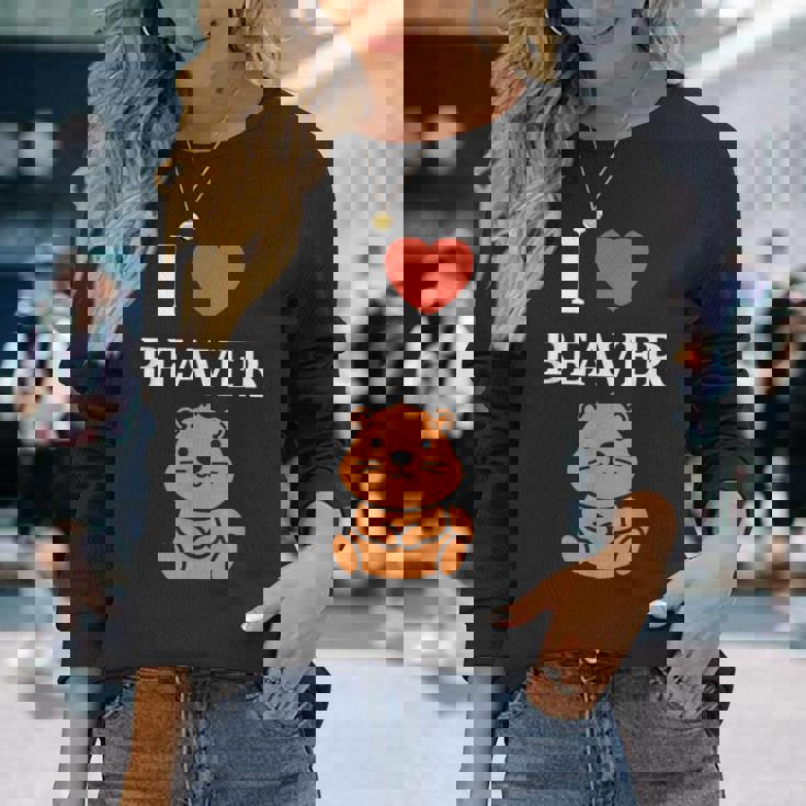 Baby Beavers Minimalist Cute I Love Beaver 長袖Tシャツ 彼女への贈り物