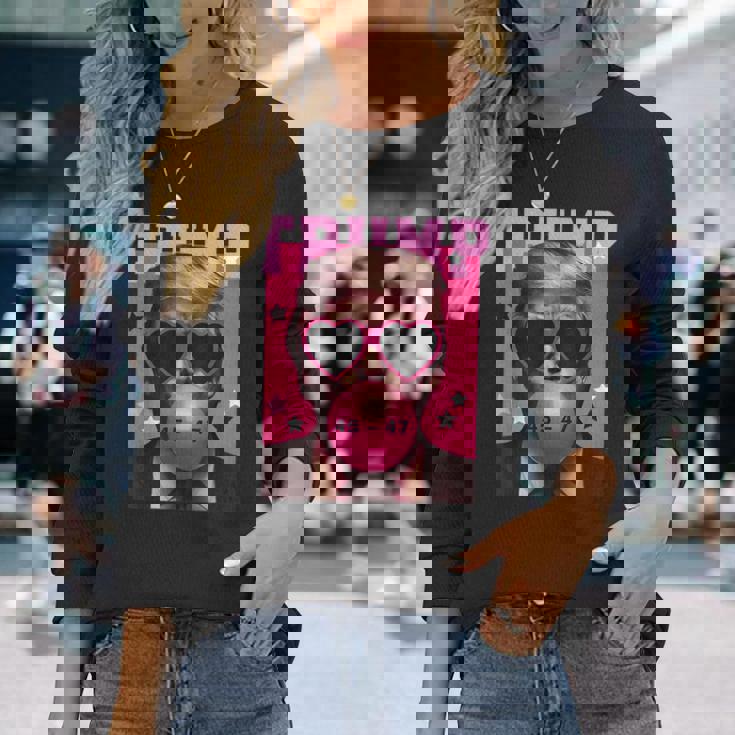 Trump 2024 メガネ&バブルガム ピンク 長袖Tシャツ 彼女への贈り物