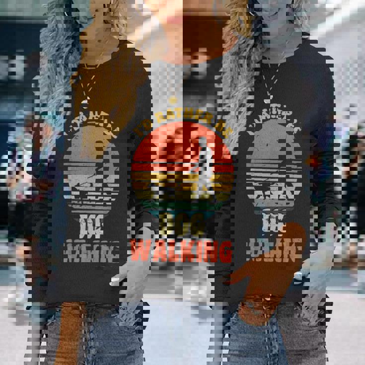 I'd Rather Be Dog Walking レトロ ラブドッグウォーカー 長袖Tシャツ 彼女への贈り物