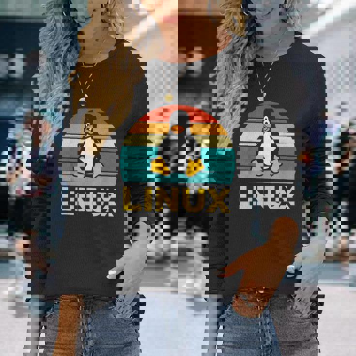 Linux レトロ ヴィンテージ ペンギン オタク ペンギン オペレーティング システム オタク 長袖Tシャツ 彼女への贈り物