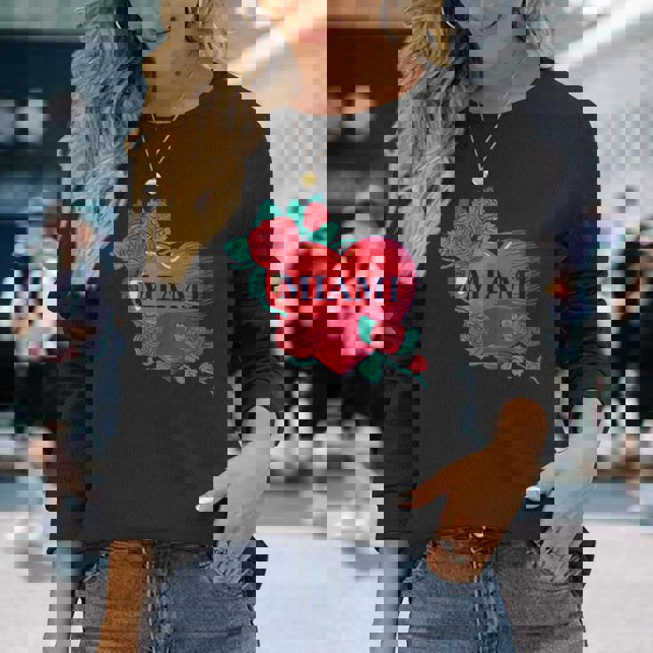 I Love Miami Miami Love Heart & Roses Illustration Graphic 長袖Tシャツ 彼女への贈り物