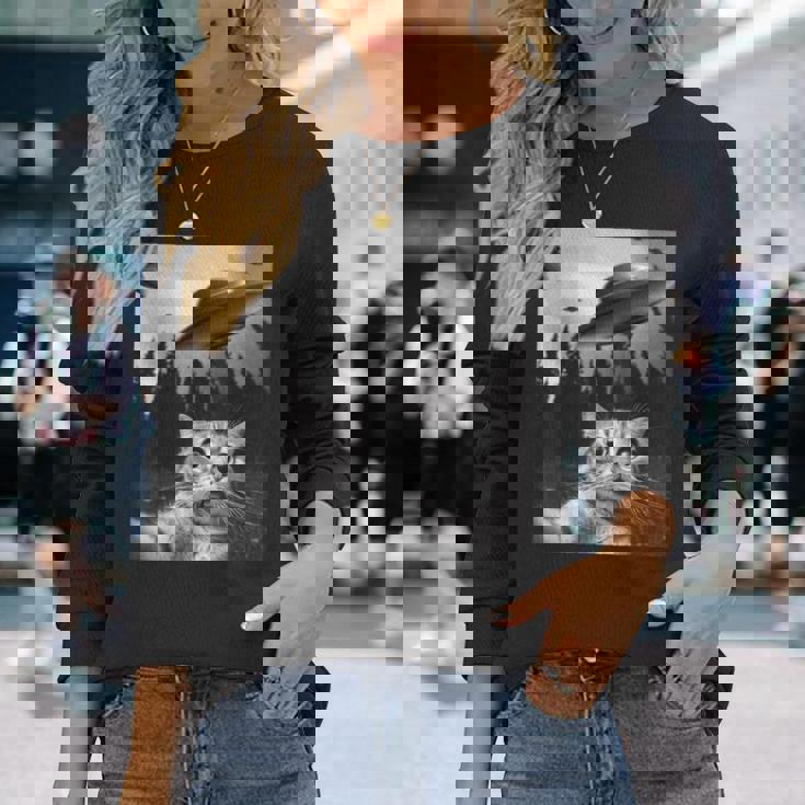 Ufo付き面白い猫セルフィー 長袖Tシャツ 彼女への贈り物