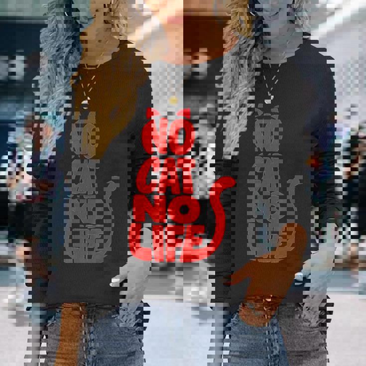 「No Cat No Life」シルエットキャット 長袖Tシャツ 彼女への贈り物