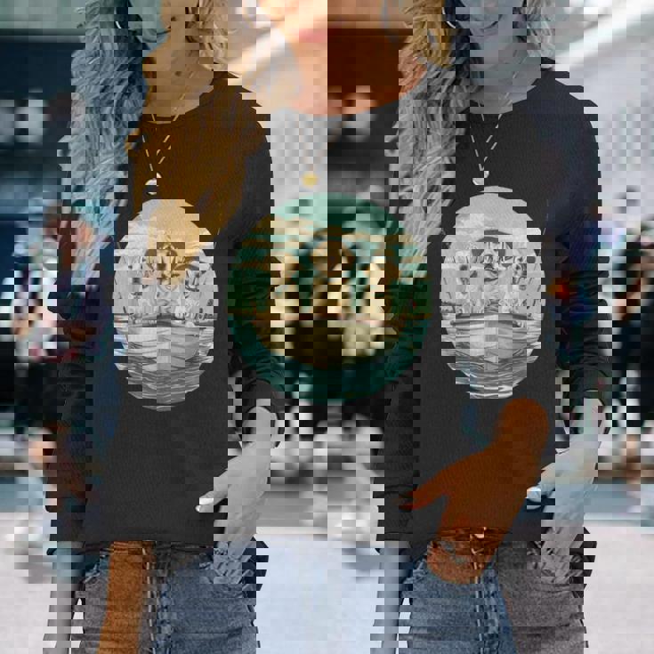 かわいい イエロー ラブラドールレトリバー 犬 釣り ボート 湖 犬 長袖Tシャツ 彼女への贈り物