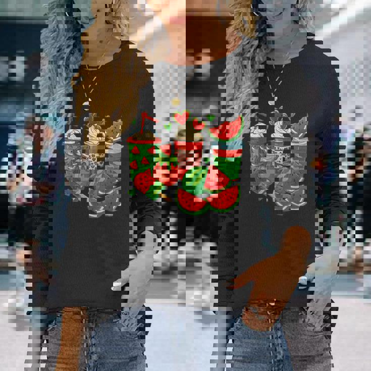 かわいい スイカ好き 夏 フルーツ スイカ アイスコーヒー 長袖Tシャツ 彼女への贈り物