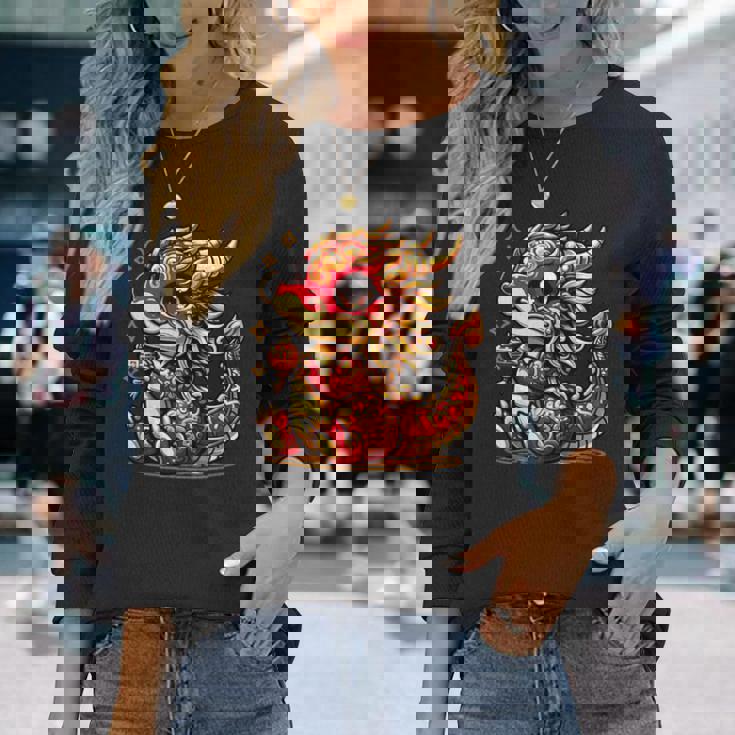 かわいい かわいい 赤 金 龍 中国 旧正月 縁起物 長袖Tシャツ 彼女への贈り物