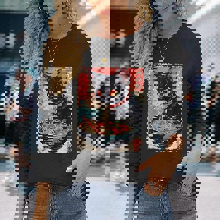 かわいい 黒猫 ラブ ラーメン カワイイ ねこ アニメ 日本語 長袖Tシャツ 彼女への贈り物