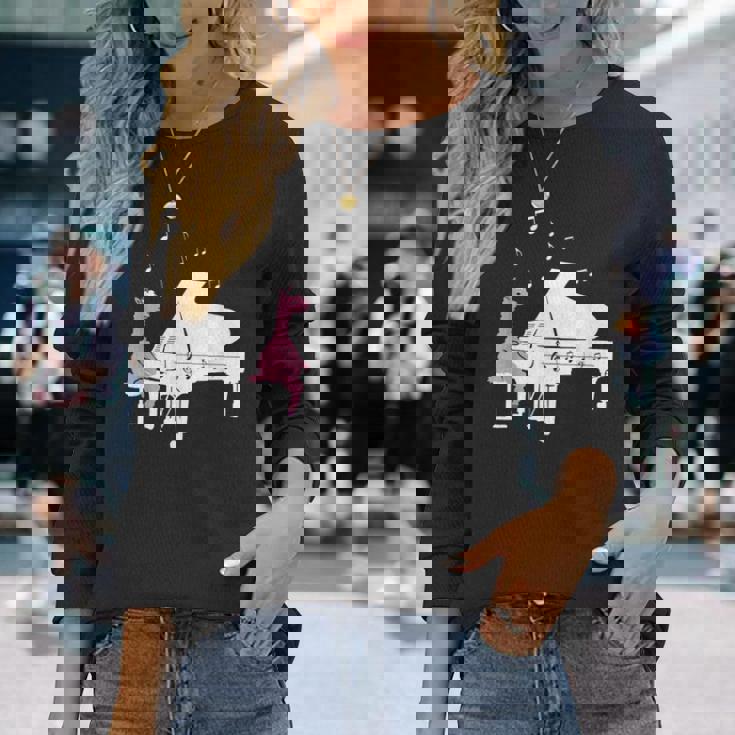 かわいいアルパカ弾き ピアノ音符記号 ミュージシャンアート 長袖Tシャツ 彼女への贈り物