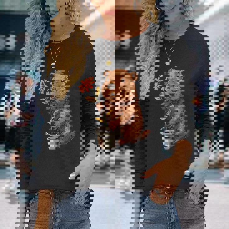 かわいいコスチューム愛好家のための鉢植えのハッピービーバー 長袖Tシャツ 彼女への贈り物