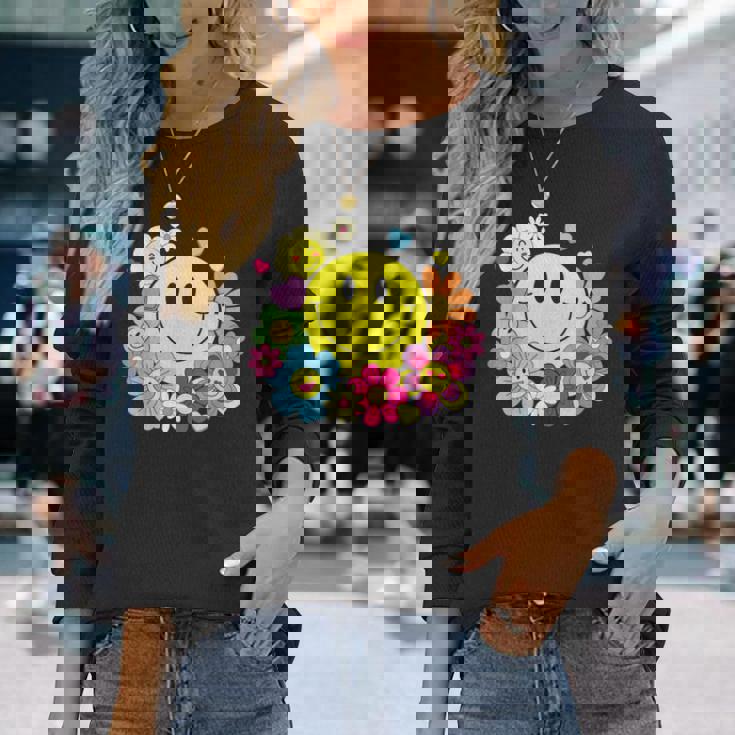 かわいいスマイルフェイス 花 ハッピーフェイス 花 ハート キッズ ガールズ 長袖Tシャツ 彼女への贈り物