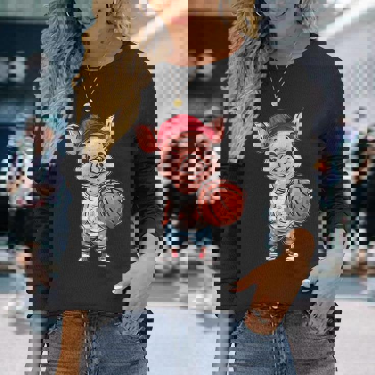 かわいいバスケットボールブタ 長袖Tシャツ 彼女への贈り物