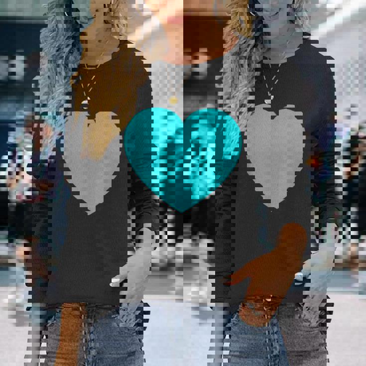 かわいいブルーターコイズハート 長袖Tシャツ 彼女への贈り物