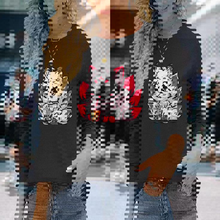 かわいい日本のキツネ九尾キツネボバティーアニメ 長袖Tシャツ 彼女への贈り物