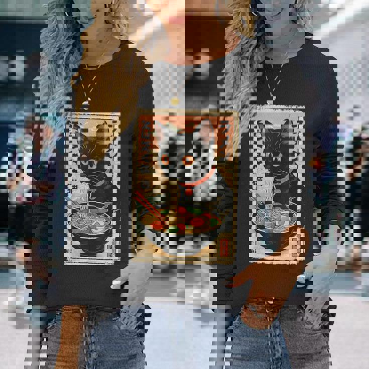 かわいい猫とラーメン麺 日本のアニメ漫画 長袖Tシャツ 彼女への贈り物