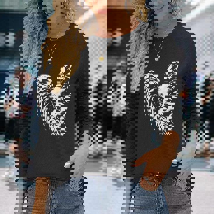 かわいい覗くパピヨン犬のグラフィック デザイン 長袖Tシャツ 彼女への贈り物