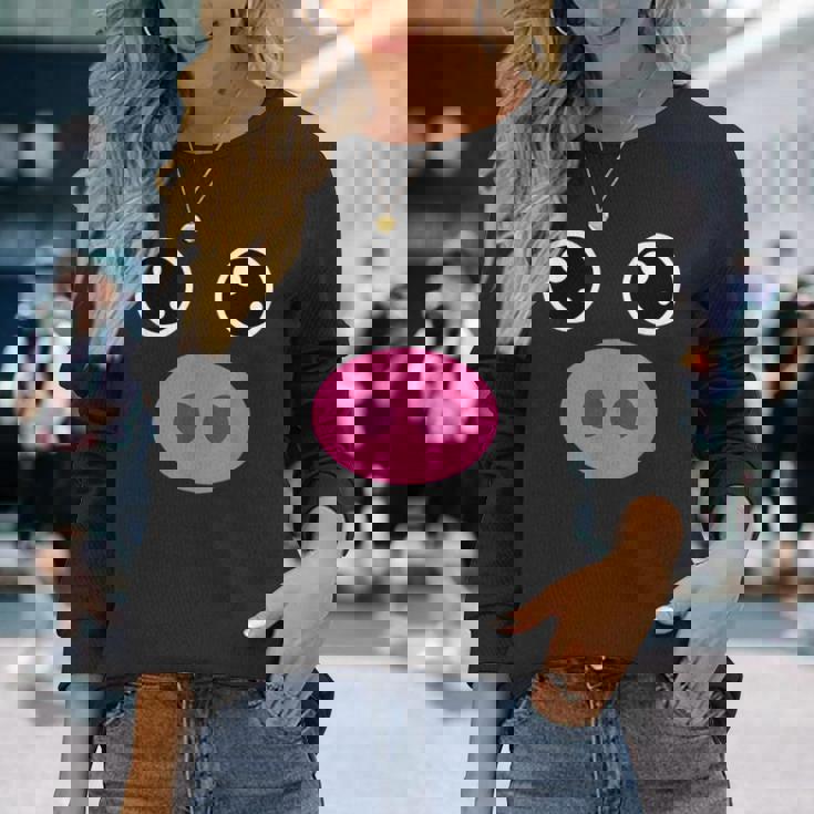 かわいい豚の顔 ピンクの鼻 面白い動物愛好家コスチューム 長袖Tシャツ 彼女への贈り物