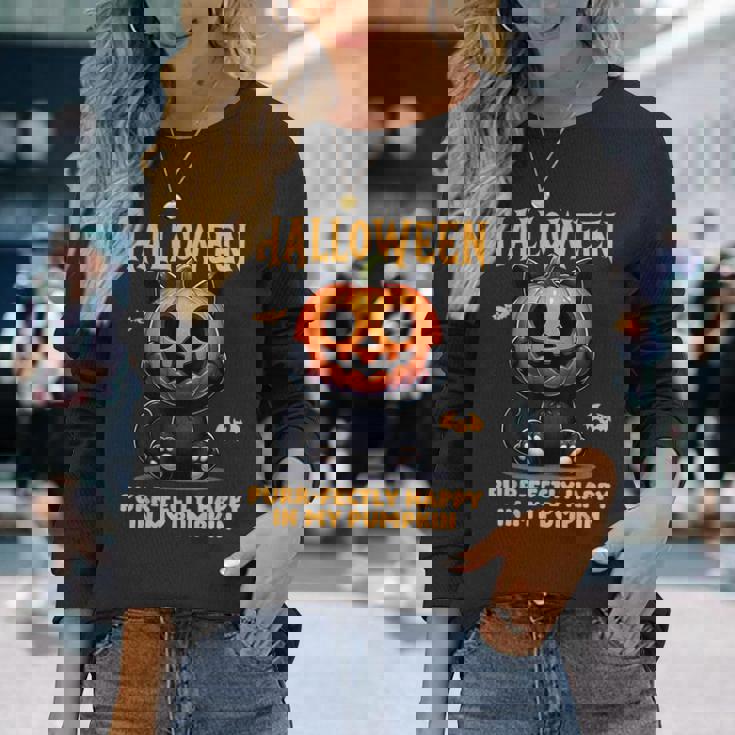 かわいい黒猫ハロウィン衣装カボチャデザインマスク面白い 長袖Tシャツ 彼女への贈り物