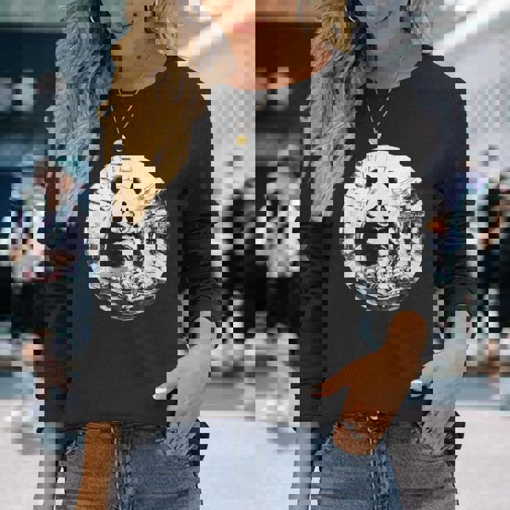 たこ焼き パンダ 水墨画 日本食 大阪 おもしろ 和風 動物 長袖Tシャツ 彼女への贈り物