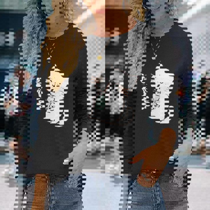 たぴ男ネコ – タピオカを飲む猫キャラデザインキッズから大人まで 長袖Tシャツ 彼女への贈り物