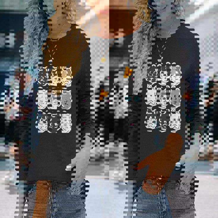 ねこ 9《ふぇいす》猫《黒・白・ハチワレ・三毛・ロシアン》【どうぶつフレンズ】顔 ゆるくて かわいい 動物 イラスト 長袖Tシャツ 彼女への贈り物