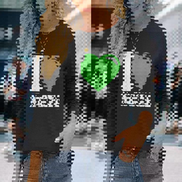 アイラブ抹茶キュートファニー抹茶ハート付き抹茶 長袖Tシャツ 彼女への贈り物