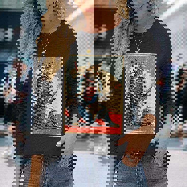 アニメ 日本の侍猫 エレキギターを弾くアートワーク 長袖Tシャツ 彼女への贈り物