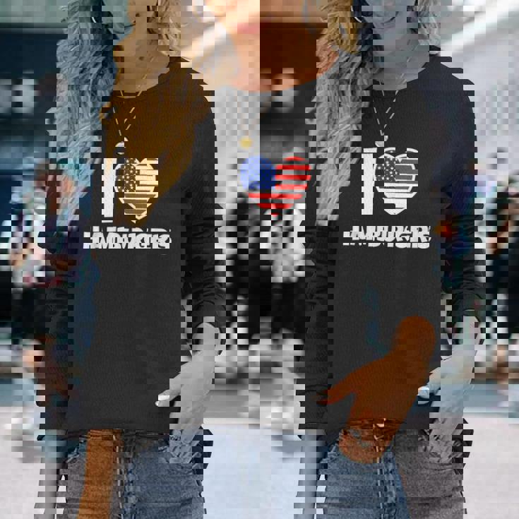 アメリカ国旗とハートのアイ・ラブ・ハンバーガー 長袖Tシャツ 彼女への贈り物