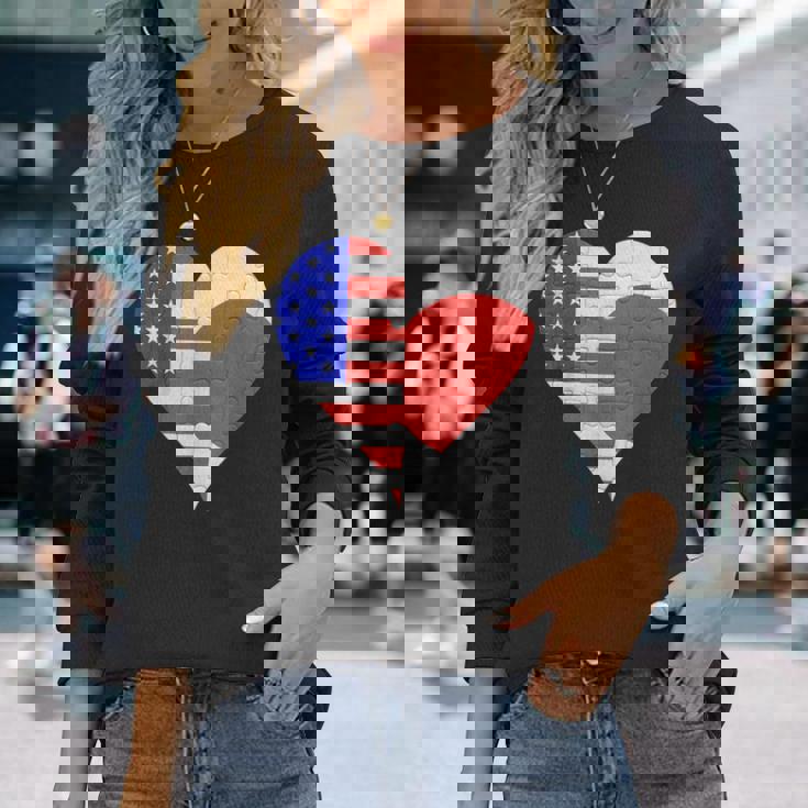 アメリカ日本国旗ハート 長袖Tシャツ 彼女への贈り物