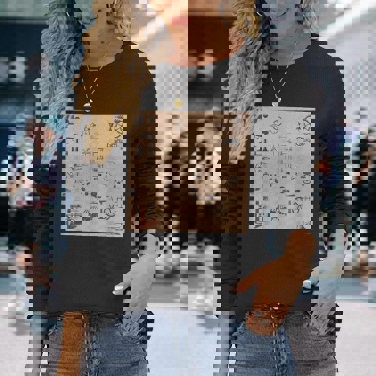 アンティークエンジニアリング機械科学パターン 長袖Tシャツ 彼女への贈り物