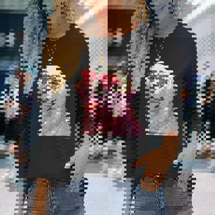 イングリッシュクリーム ゴールデンレトリバー ママギフト ハート メガネ ラブ 長袖Tシャツ 彼女への贈り物