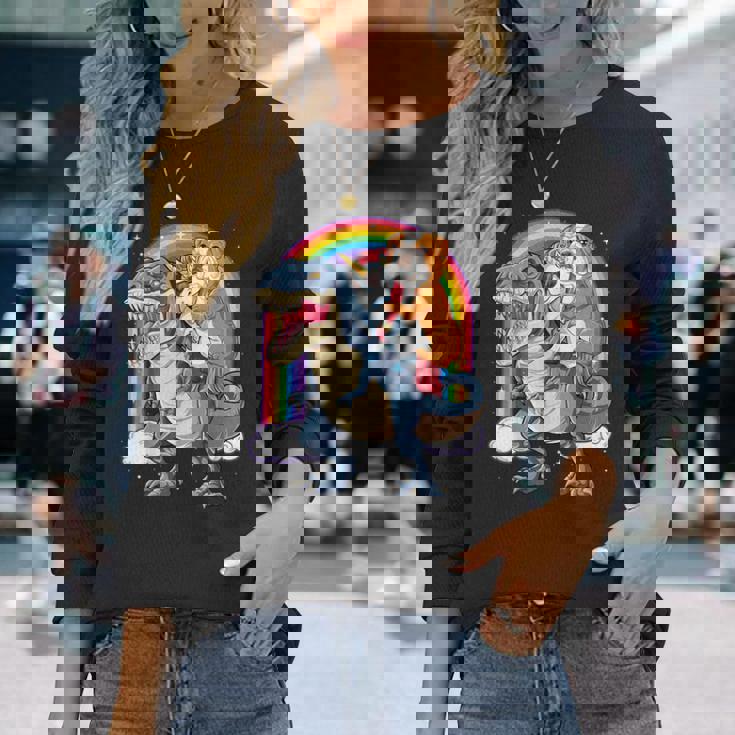 イングリッシュブルドッグ ユニコーン ライディング ダイナソー Tレックス ギフト メンズ レディース 長袖Tシャツ 彼女への贈り物