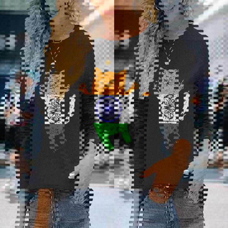 インド国旗 インド猫 長袖Tシャツ 彼女への贈り物