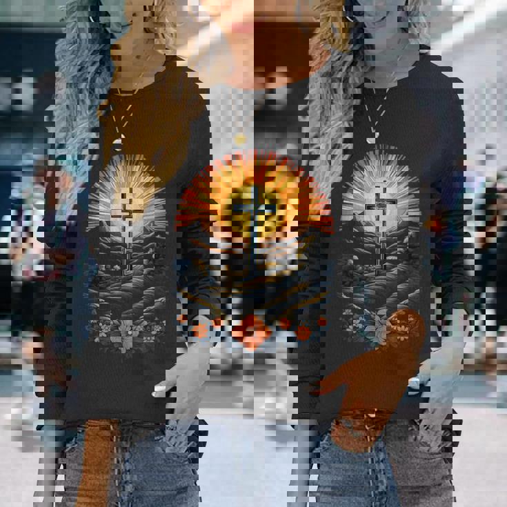 イースターデー クロスフラワー サンセット クリスチャン イースター 長袖Tシャツ 彼女への贈り物