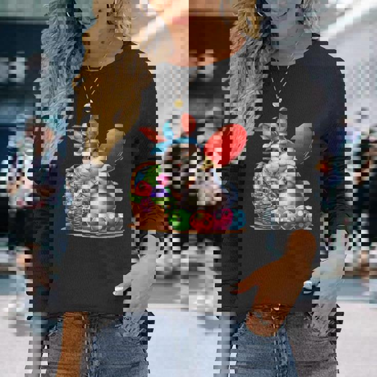 イースターバニー卓球ウサギイースターエッグ卓球 長袖Tシャツ 彼女への贈り物