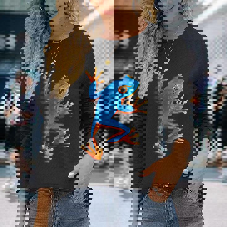 カエルの恋人-青いカエル 長袖Tシャツ 彼女への贈り物