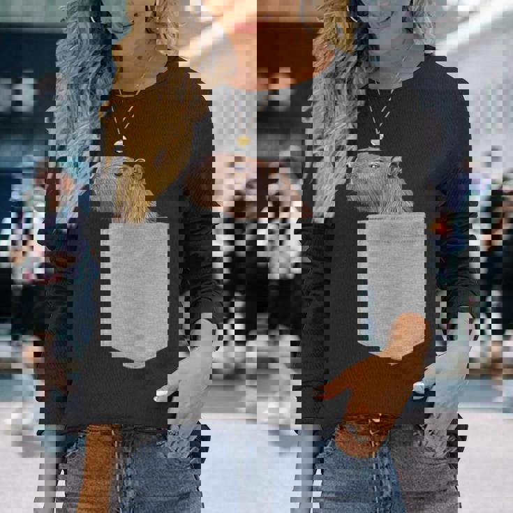 カピバラ フェイク ポケット カピバラ げっ歯類 げっ歯類 アニマル ノベルティ 長袖Tシャツ 彼女への贈り物