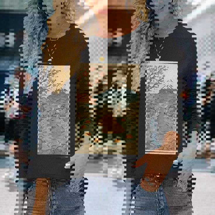 カピバラ 桜と温泉のカワイイアート 長袖Tシャツ 彼女への贈り物