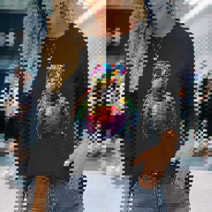 カメ カラフル Popart レインボー 爬虫類 かわいい亀 長袖Tシャツ 彼女への贈り物