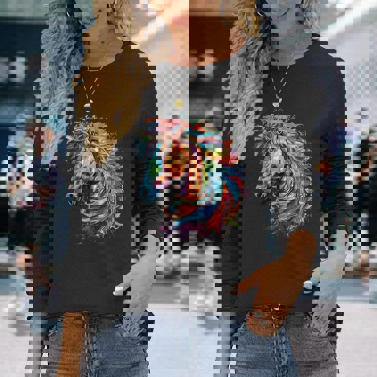 カラフルなアイルランドのドラフト馬愛好家スプラッシュアート 長袖Tシャツ 彼女への贈り物