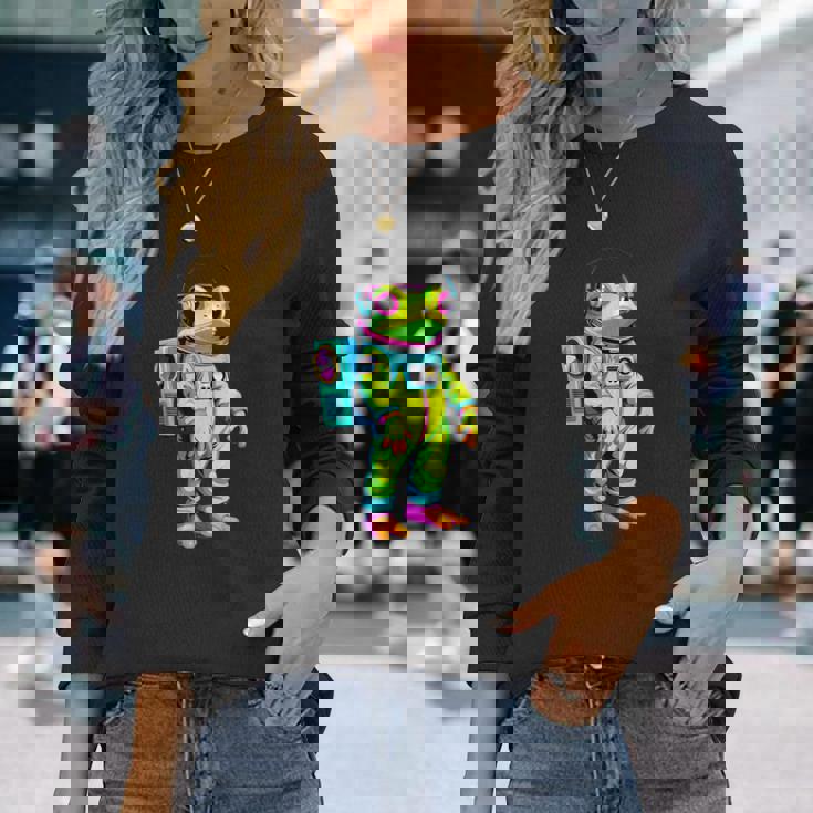 カラフルなカエルの宇宙飛行士キャラクター 長袖Tシャツ 彼女への贈り物